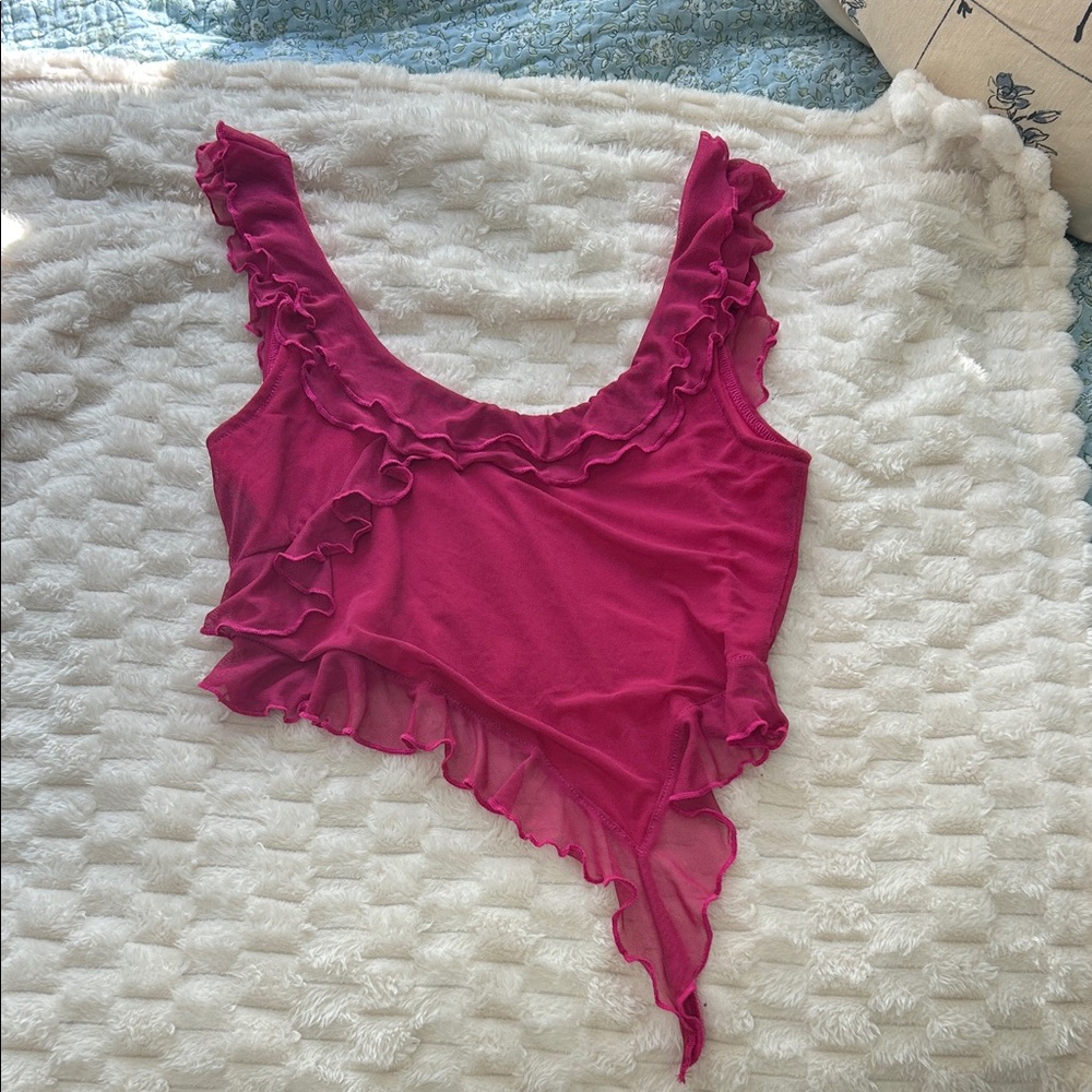 Ruffled Asymmetric Tank Top - Hot Pink